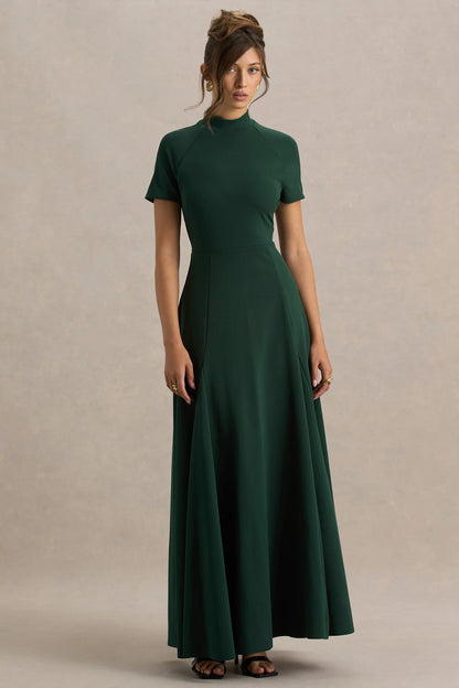 Alea Dark Green High Neck Short Sleeve Maxi Dress
