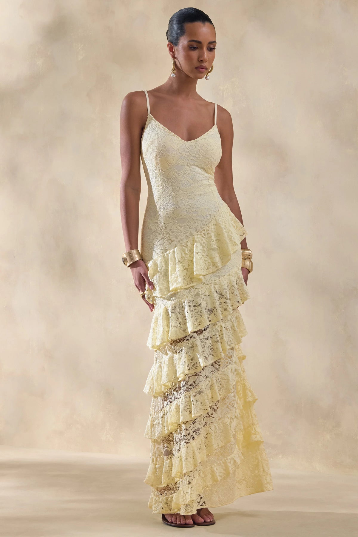 Avelisse Lemon Lace Plunge Neck Maxi Dress With Ruffled Detailing