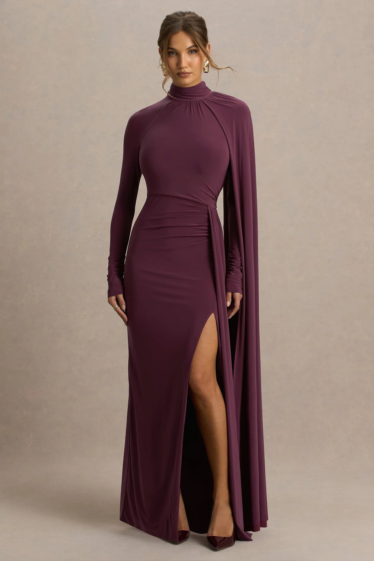 Anticipation Burgundy High Neck Maxi Dress With Front Split And Ruched Detailing