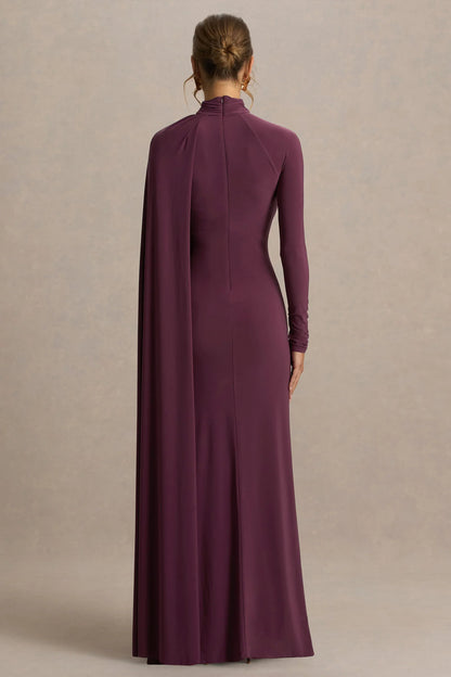 Anticipation Burgundy High Neck Maxi Dress With Front Split And Ruched Detailing