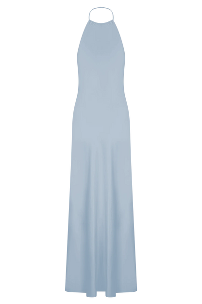 Bella Satin Halter Maxi Dress Frosted Blue