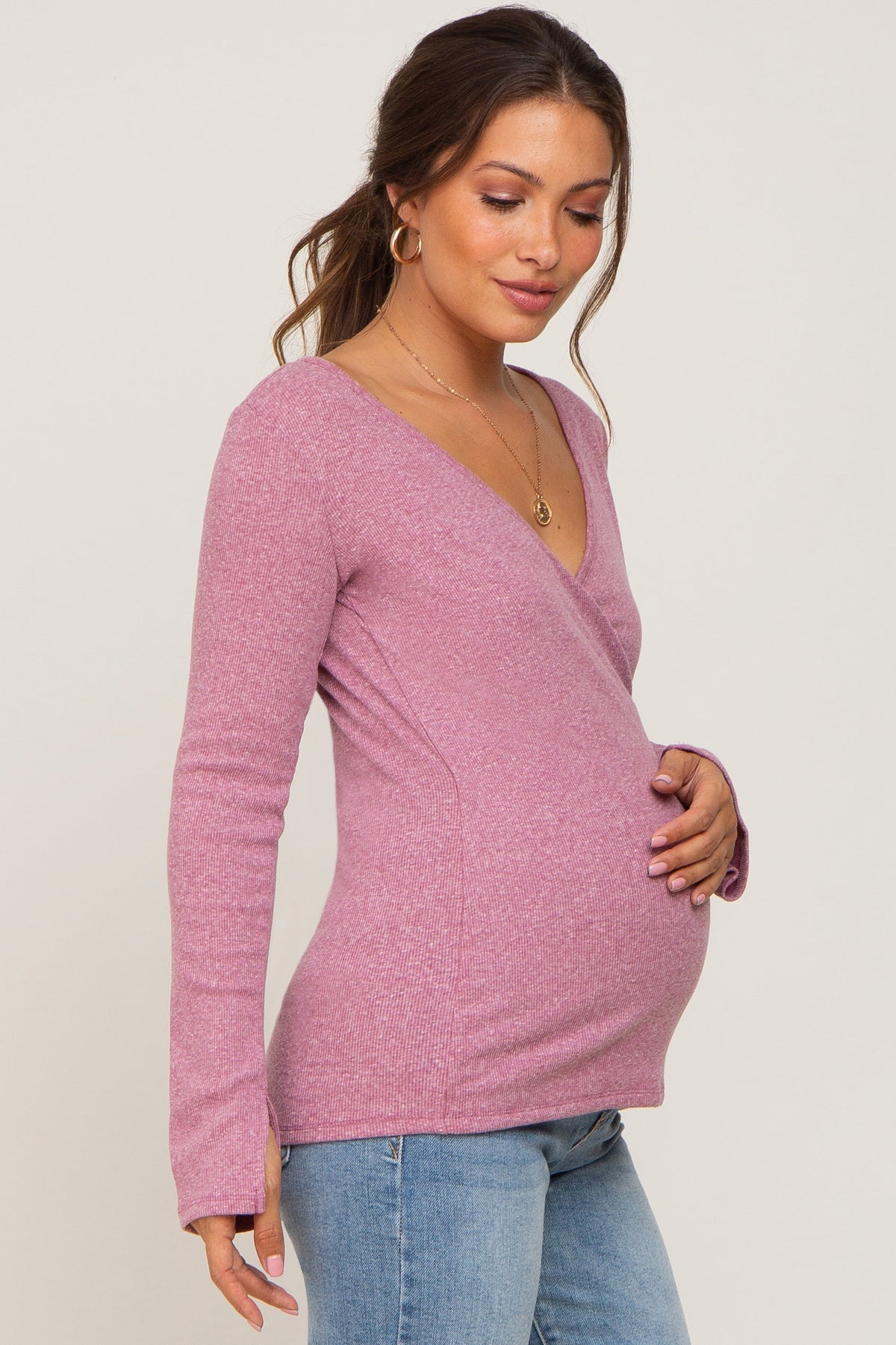 Mauve Ribbed Long Sleeve Wrap Maternity Nursing Top