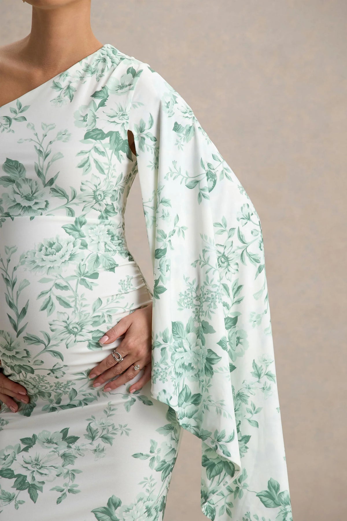 Aliana Green Porcelain Print Asymmetric Maternity Maxi Dress With Ruched Detailing