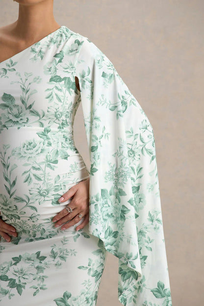 Aliana Green Porcelain Print Asymmetric Maternity Maxi Dress With Ruched Detailing