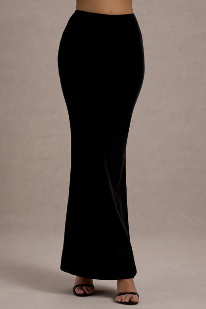 Alize Black Velvet Split Maxi Skirt