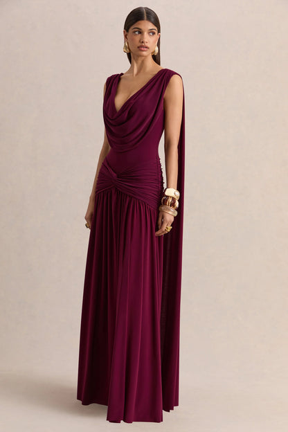 Amelisse Burgundy Plunge Neck Maxi Dress With Ruched Detailing