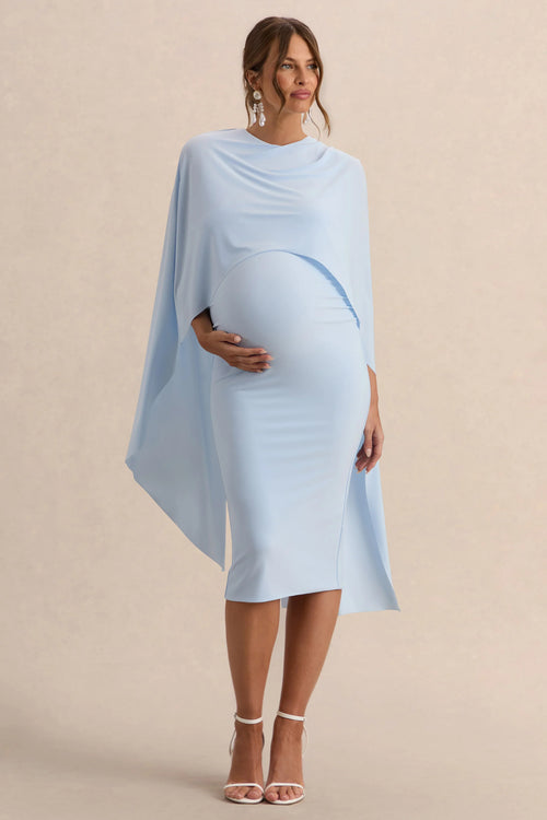 Arwen Powder Blue Round Neck Maternity Midi Dress With Cape Detail