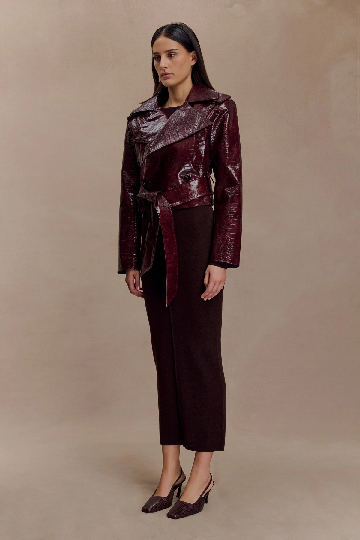 Archie Croc Faux Leather Cropped Jacket Burgundy