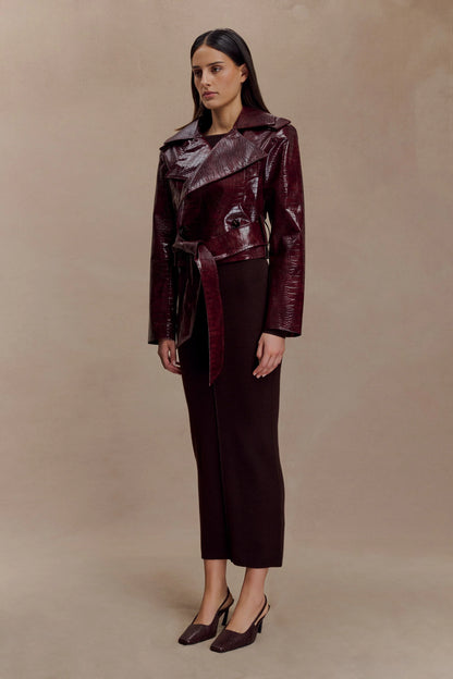 Archie Croc Faux Leather Cropped Jacket Burgundy