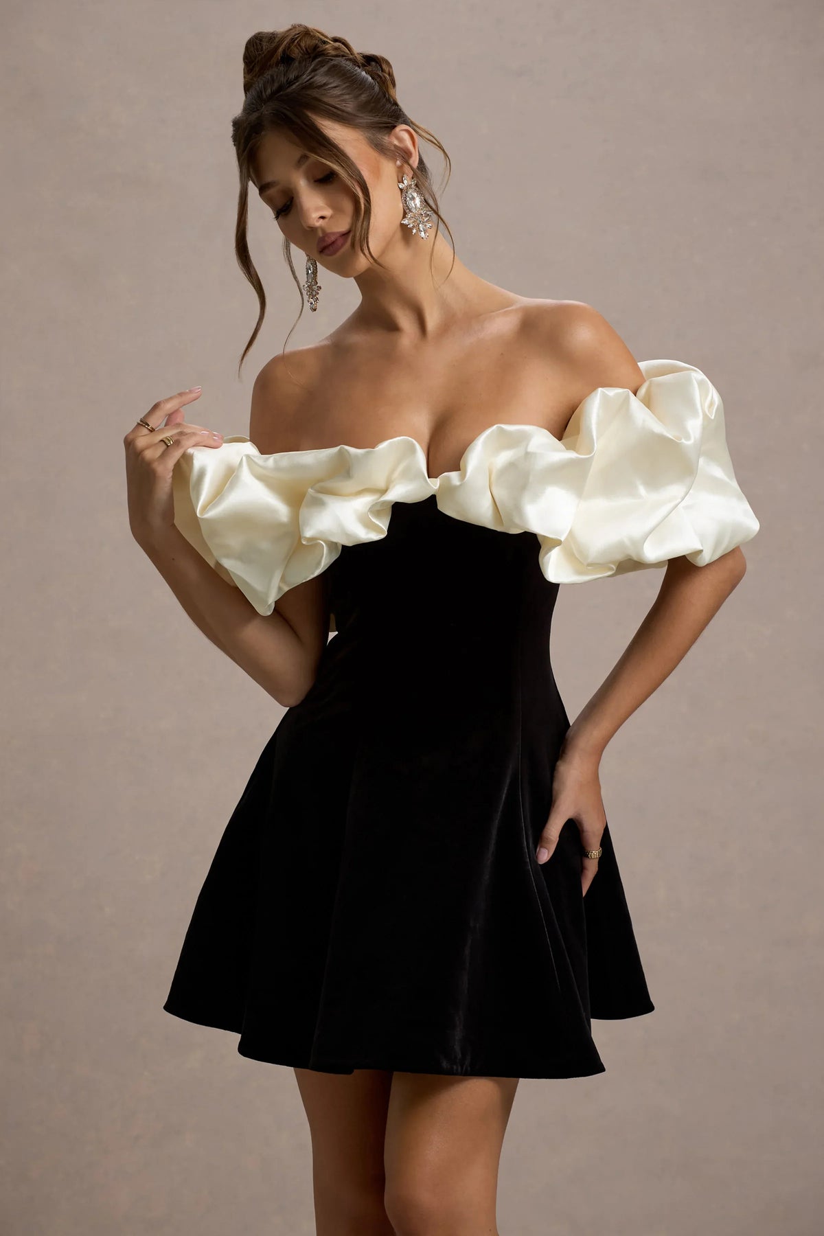 Brynne Black Cream Velvet Mini Dress With Satin Puff Sleeves