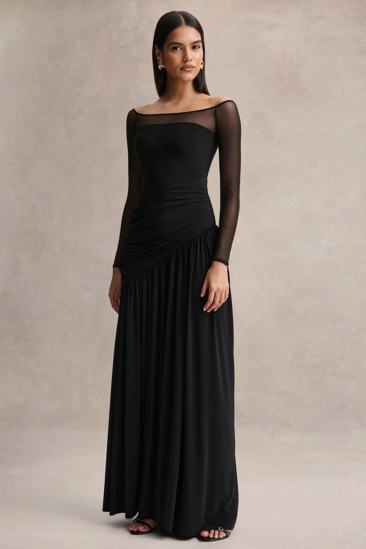 Bexley Black Bardot Neck Draped Maxi Dress With Long Mesh Sleeves