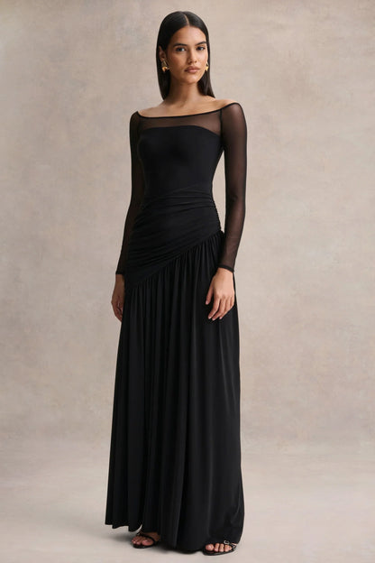 Bexley Black Bardot Neck Draped Maxi Dress With Long Mesh Sleeves