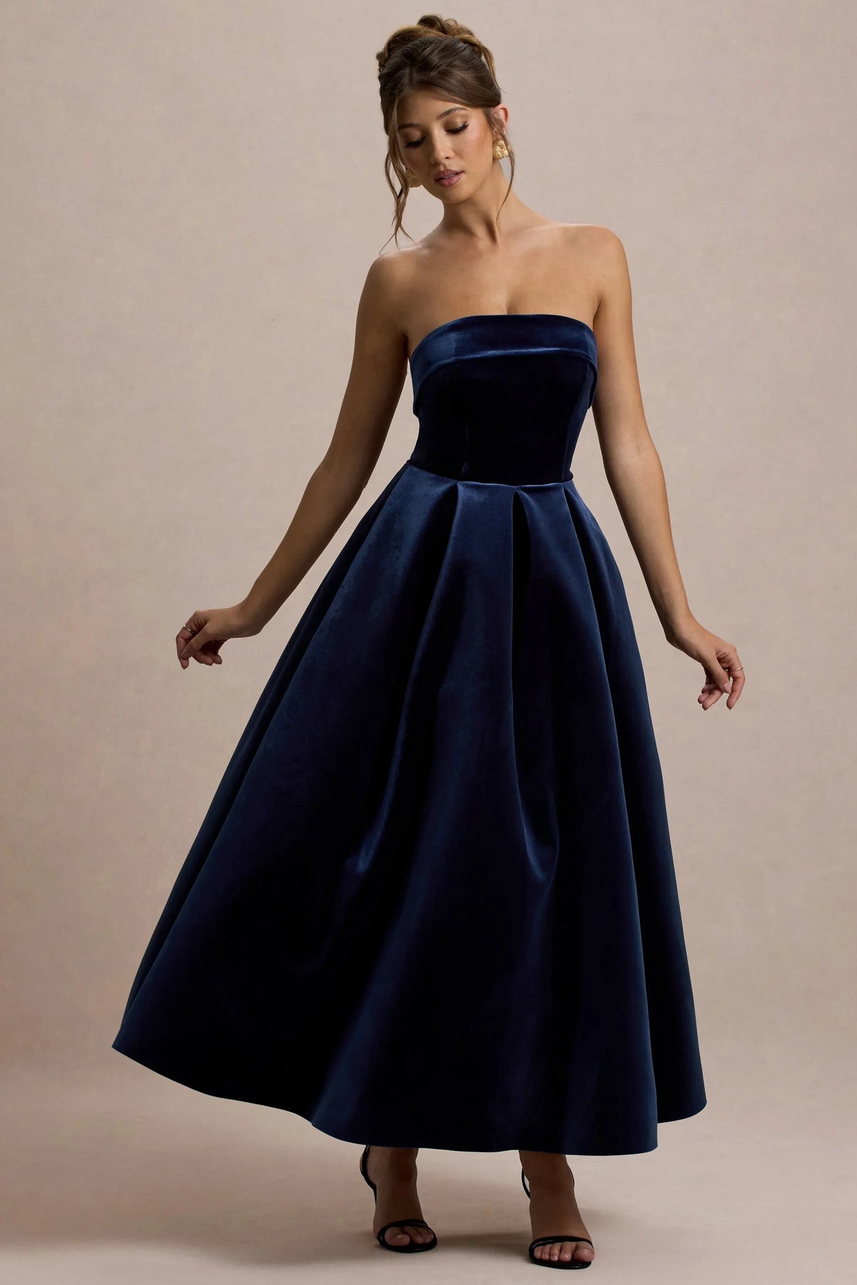 Addina Navy Velvet Bandeau Skater Midi Dress