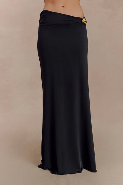 Ainsley Asymmetrical Maxi Skirt With Floral Hardware Black