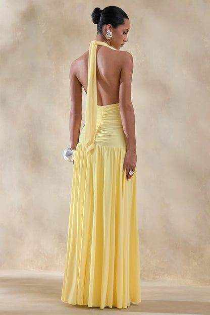 Bettina Lemon Plunge Neck Maxi Dress With Gathered Detailing