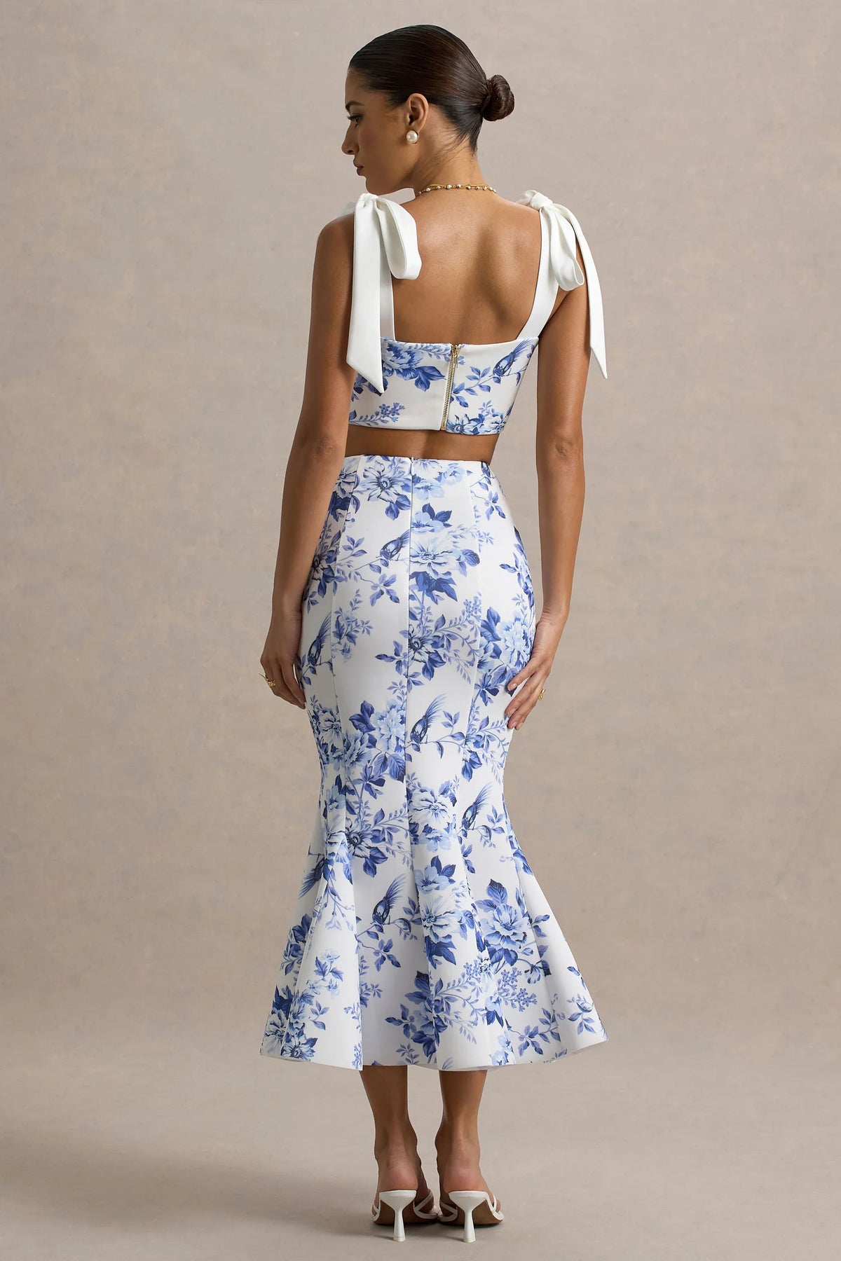 Amadea Blue Porcelain Print Fishtail Midi Skirt