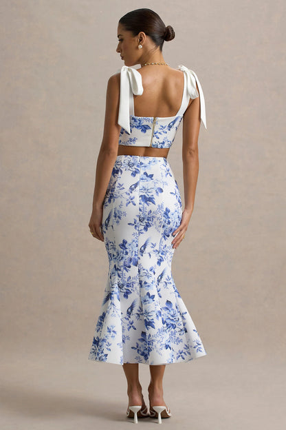 Amadea Blue Porcelain Print Fishtail Midi Skirt