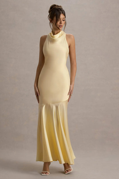 Amelita Lemon Satin Cowl Neck Maxi Dress