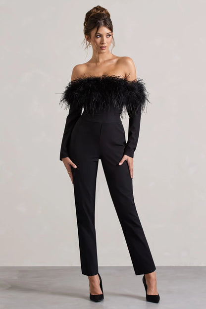 Ales Black Bardot Tailored Straight Leg Jumpsuit With Feather Trim