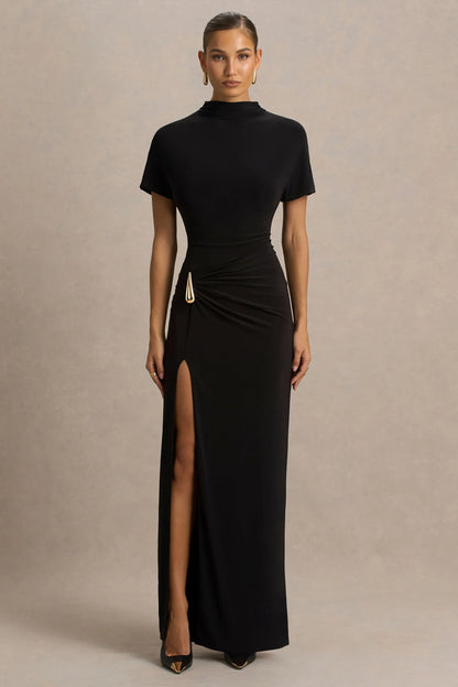 Arlena Black High Neck Wrapped Maxi Dress