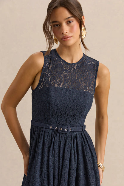 Anabella Navy Lace Crew Neck Belted Midi Dress