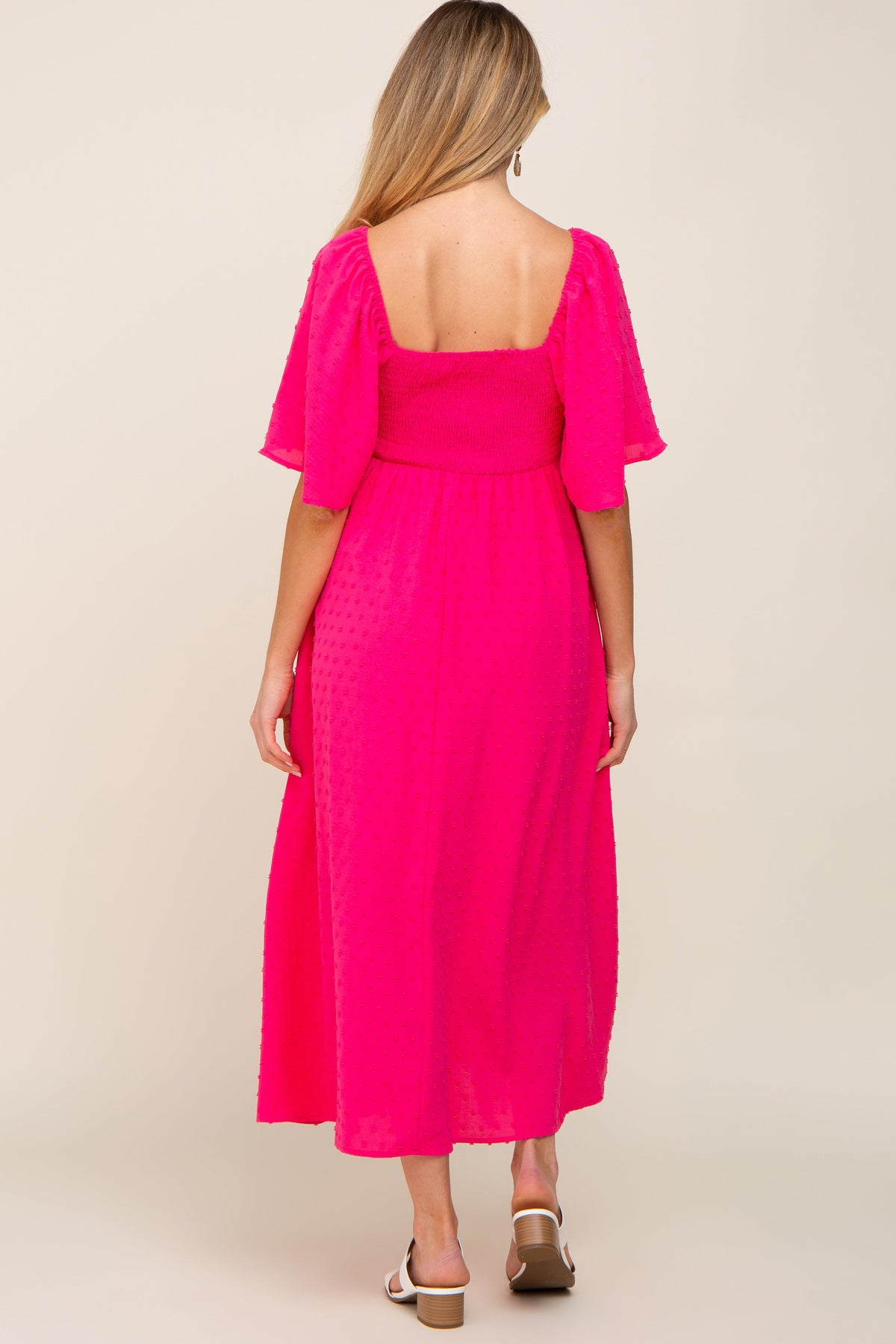 Fuchsia Textured Dot Front Tie Ruffle Sleeve Maternity Midi Dress