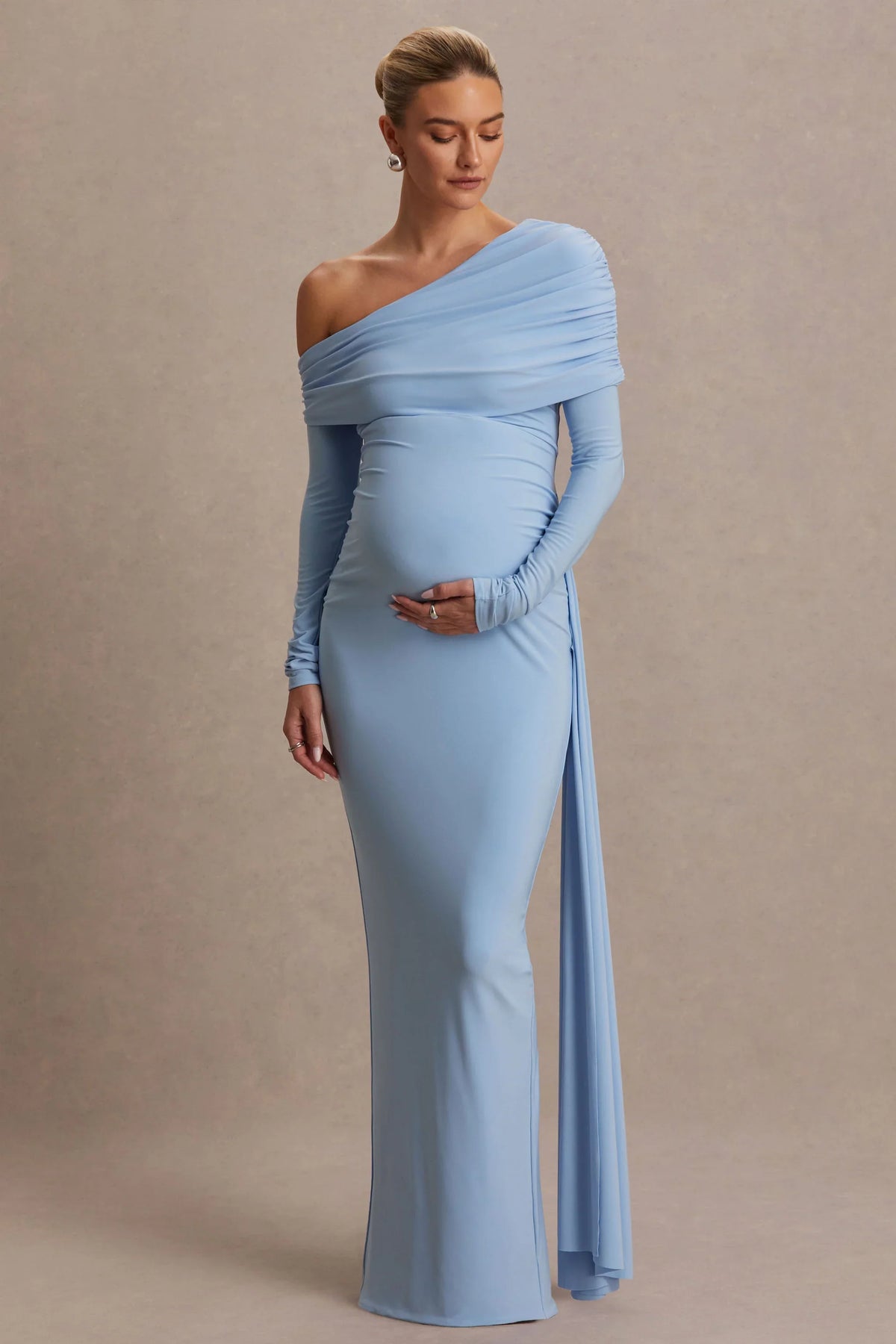 Amara Powder Blue Asymmetric Neck Maternity Maxi Dress With Sash Detail
