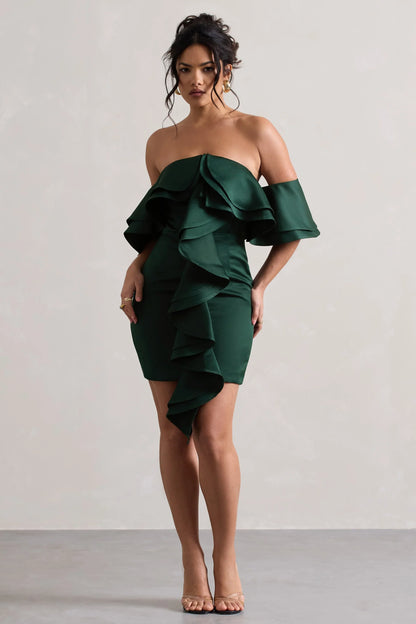 Aspen Bottle Green Bardot Mini Dress With Ruffles