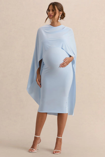 Arwen Powder Blue Round Neck Maternity Midi Dress With Cape Detail