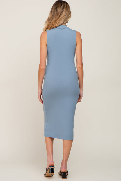 Blue Ribbed Sleeveless Mock Neck Maternity Midi Dress