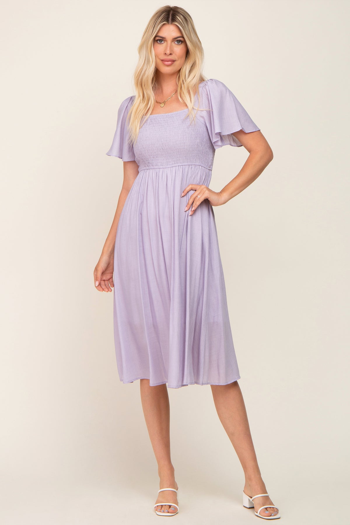 Lavender Smocked Square Neck Flutter Short Sleeve Maternity Midi Dress