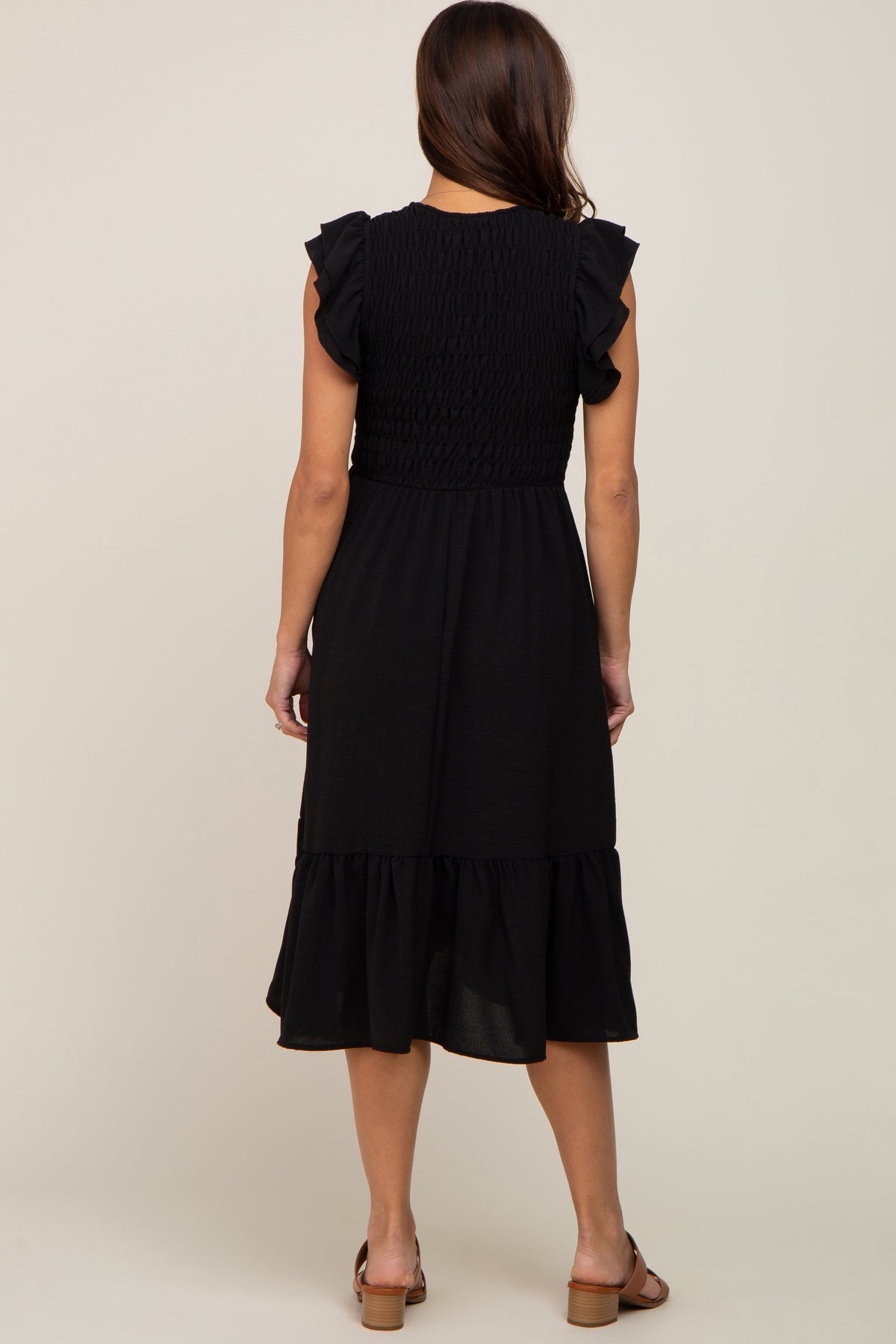 Black Smocked Layered Ruffle Flutter Sleeve Maternity Midi Dress