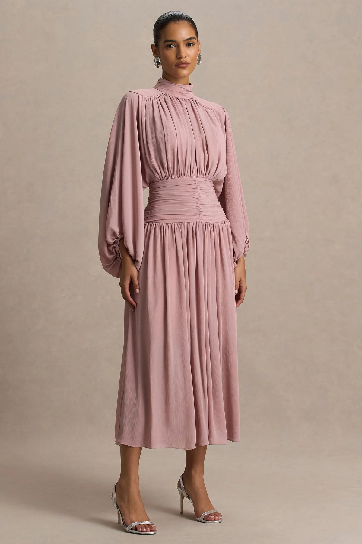 Annabel Dusty Pink High Neck Midi Dress With Drop Waist And Pleated Detailing