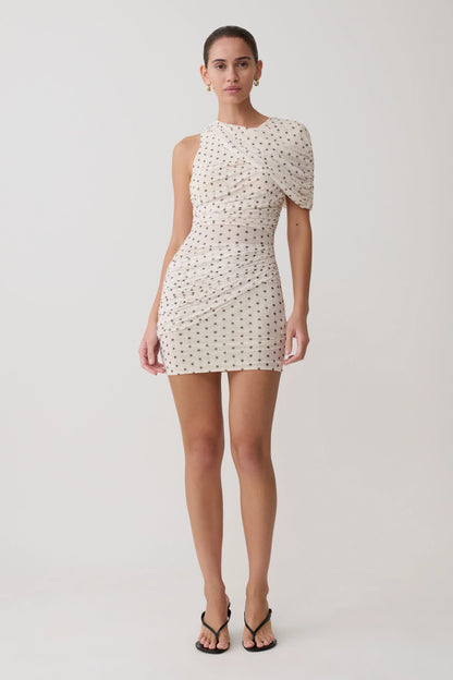 Adrienne One Shoulder Mesh Mini Dress Polka Dot