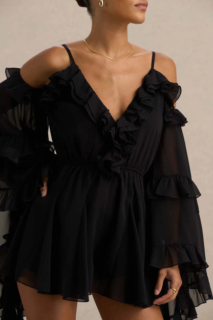 Anaya Black Chiffon Playsuit With Long Sleeves