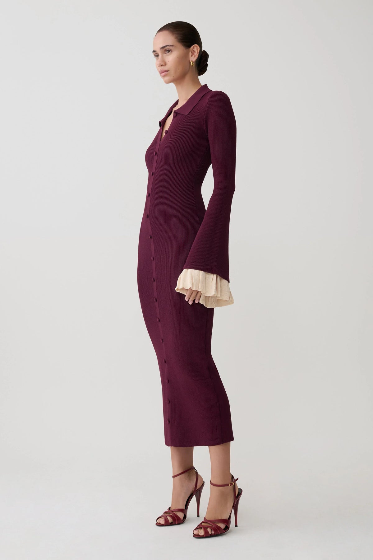 Amirose Ruffle Knit Midi Dress Plum