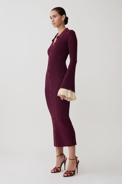 Amirose Ruffle Knit Midi Dress Plum