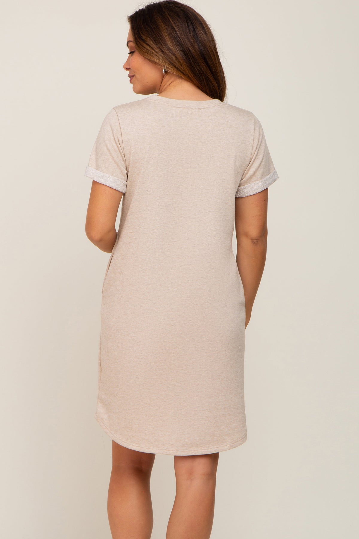 Beige French Terry Cuffed Short Sleeve Maternity Dress