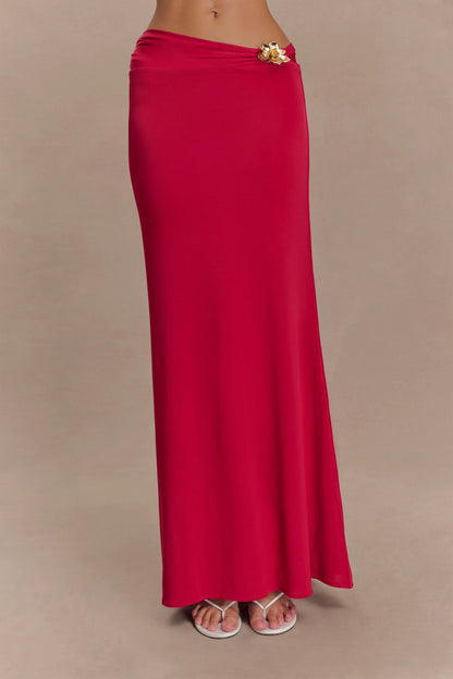 Ainsley Asymmetrical Maxi Skirt With Floral Hardware Fuchsia Pink