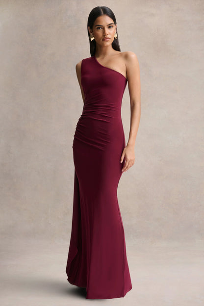 Adelina Burgundy One Shoulder Maxi Dress With Drape