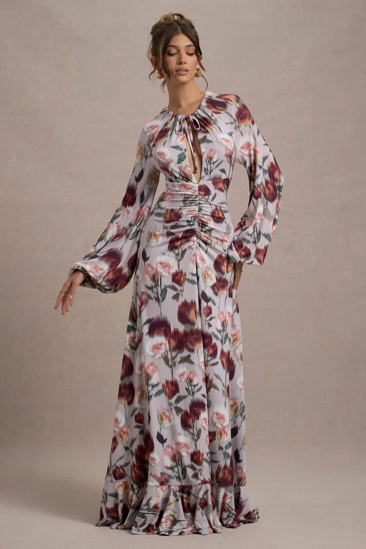 Althena Cream Floral Print Balloon Sleeve Maxi Dress