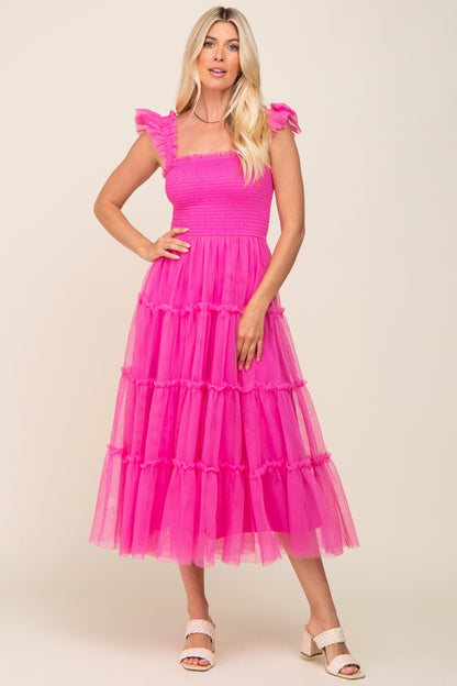 Fuchsia Smocked Mesh Ruffle Accent Maternity Midi Dress