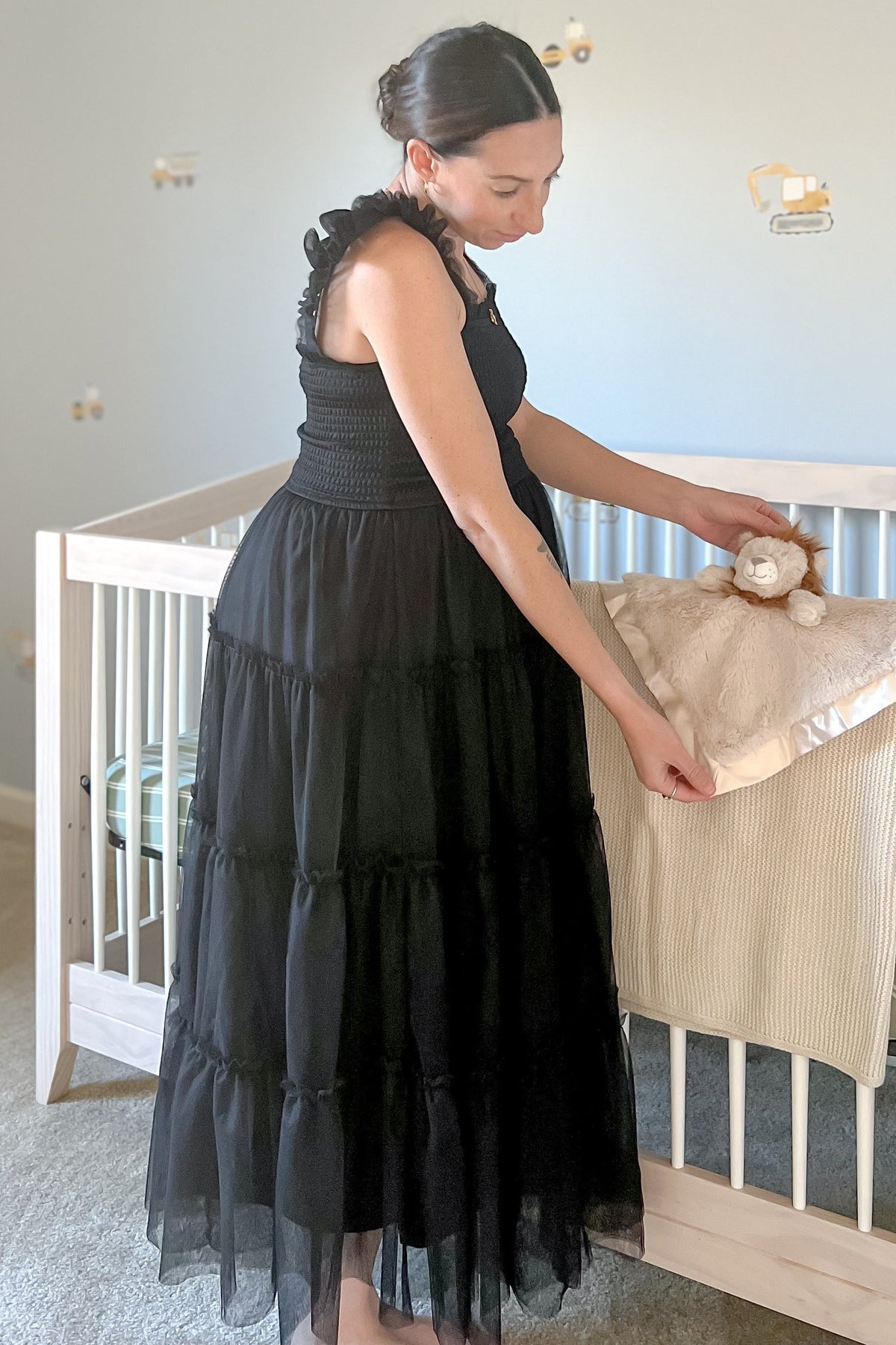 Black Smocked Mesh Ruffle Accent Maternity Midi Dress