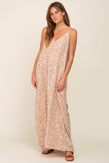 Taupe Leaf Print Double V-Neck Maternity Maxi Dress