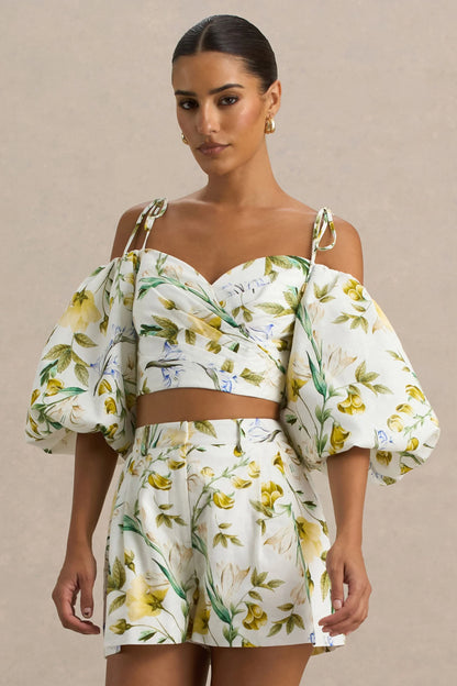 Amberly Lemon Floral Print Plunge Neck Ruffled Crop Top
