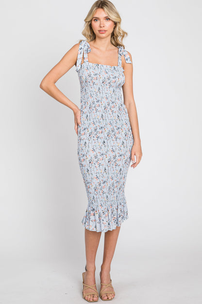 Light Blue Floral Smocked Fitted Maternity Dress