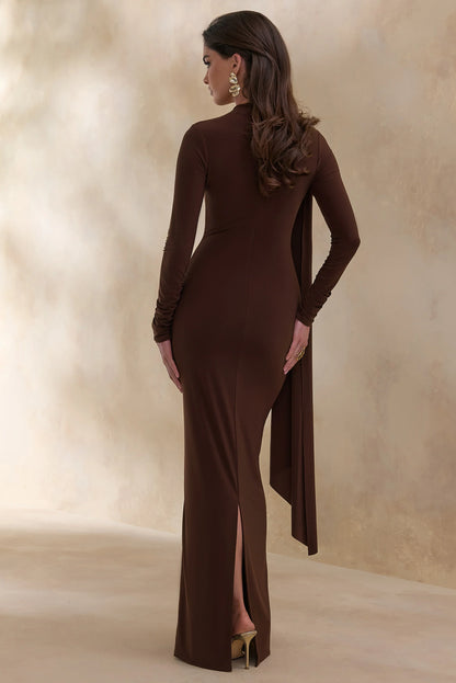 Amaria Brown High Neck Maxi Dress With Sash Detail