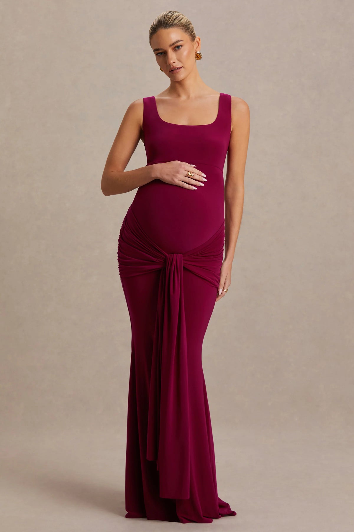 Baylin Burgundy Square Neck Maternity Maxi Dress With Ruched Detailing And Sash