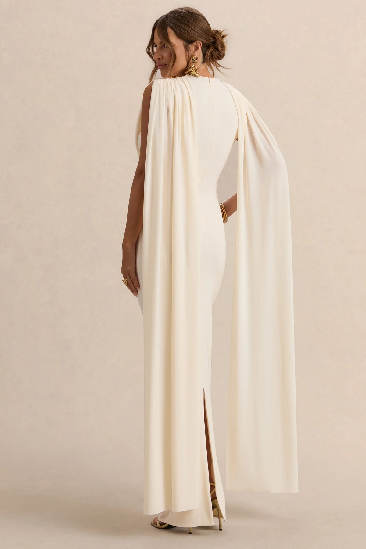 Belva Cream Round Neck Maternity Maxi Dress With Cape Detail