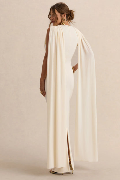 Belva Cream Round Neck Maternity Maxi Dress With Cape Detail